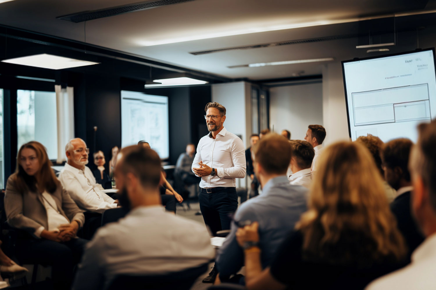 A Professor converses with a class in a learning lab