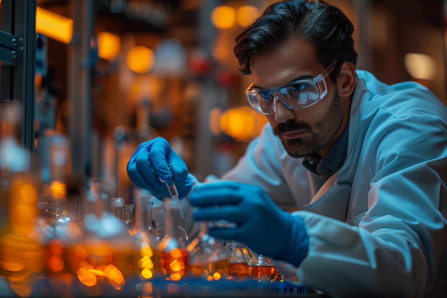 A man inspects beakers in a lab