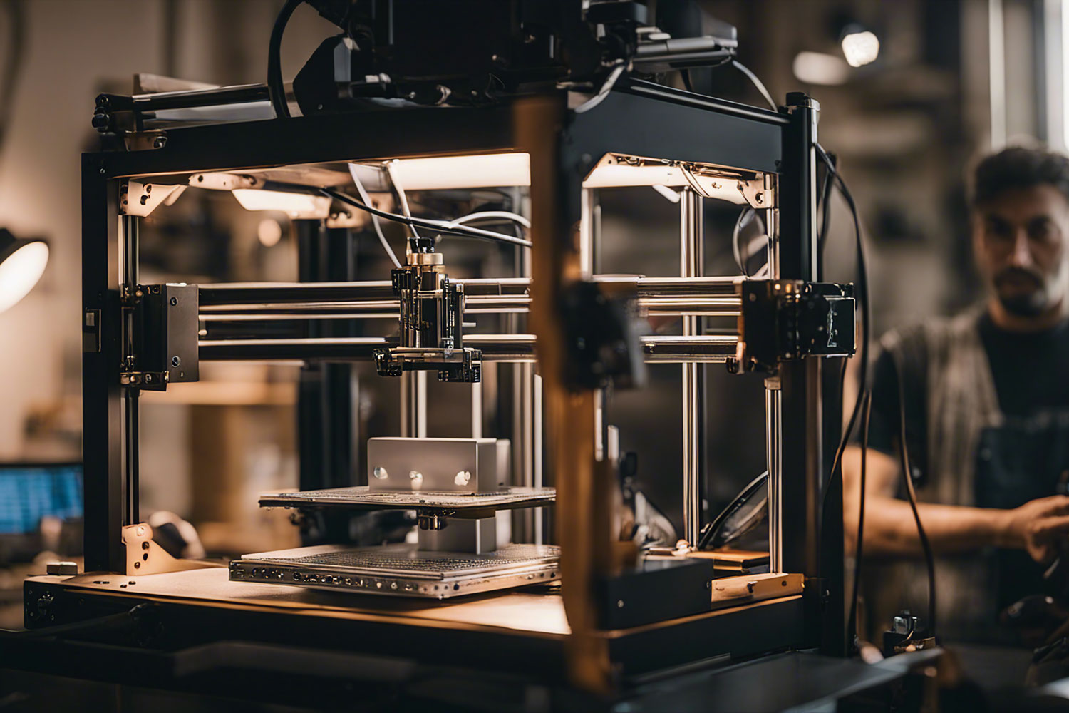 A student looks closely at a 3D printer in a makerspace